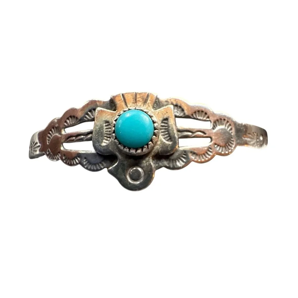 Sterling Silver Turquoise Thunderbird Baby Cuff Bracelet Southwestern Stamped